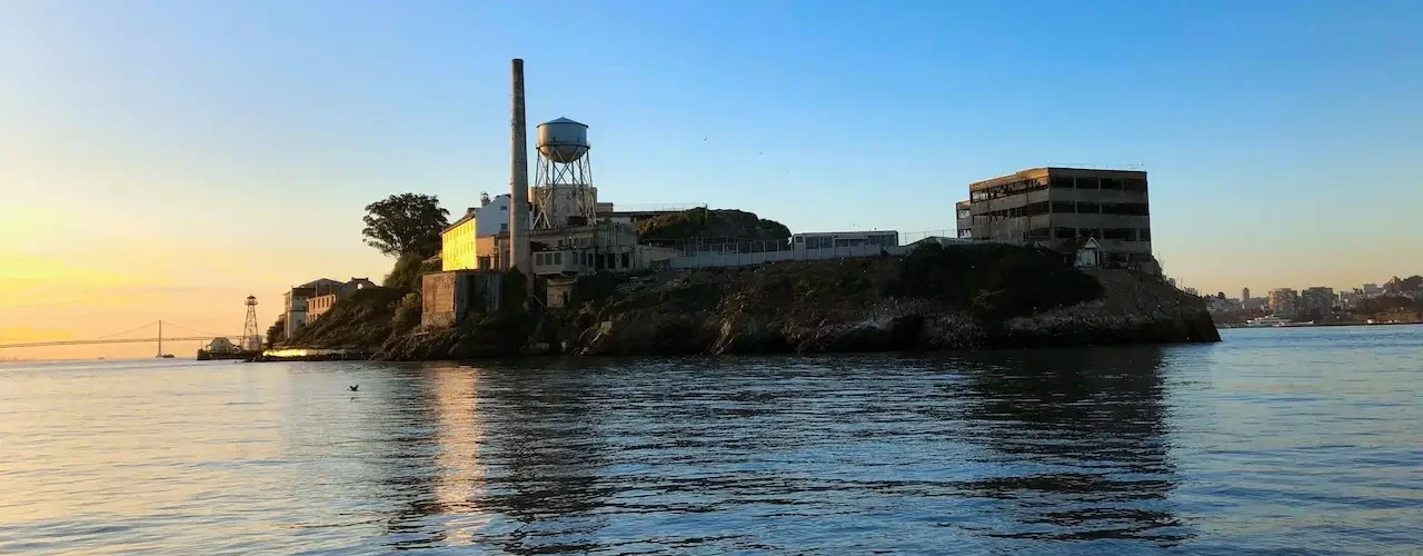 sunrise at Alcatraz Island and preparing to swim to San Francisco