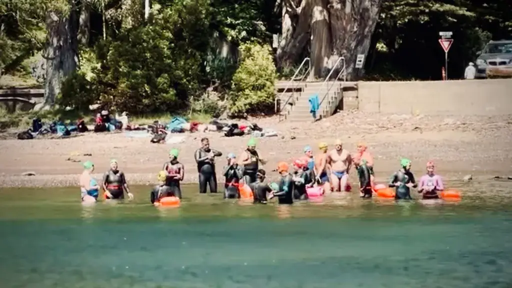 Swimmers and triathletes participating in the open water swim clinic - San Francisco Bay.