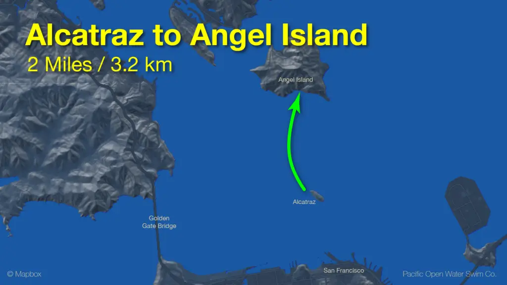 Alcatraz to Angel Island swim route map - 2 Miles (3.2 km), ideal for a flood current.