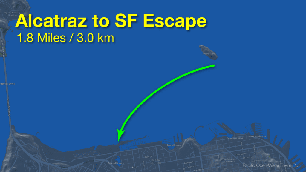 Alcatraz to SF Escape swim route map - 1.8 Miles (3.0 km)