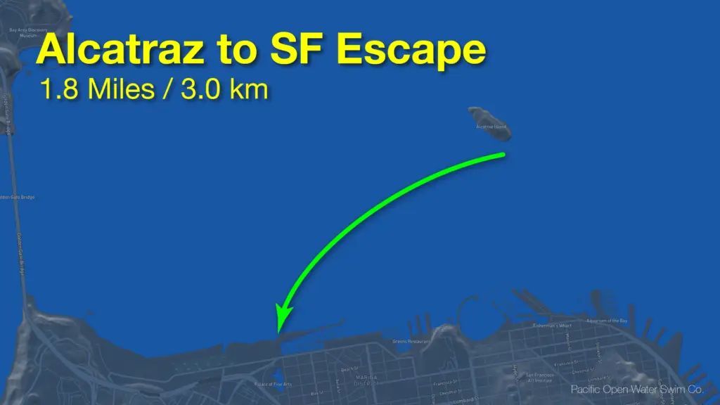 Alcatraz to SF Escape swim route map - 1.8 Miles (3.0 km)