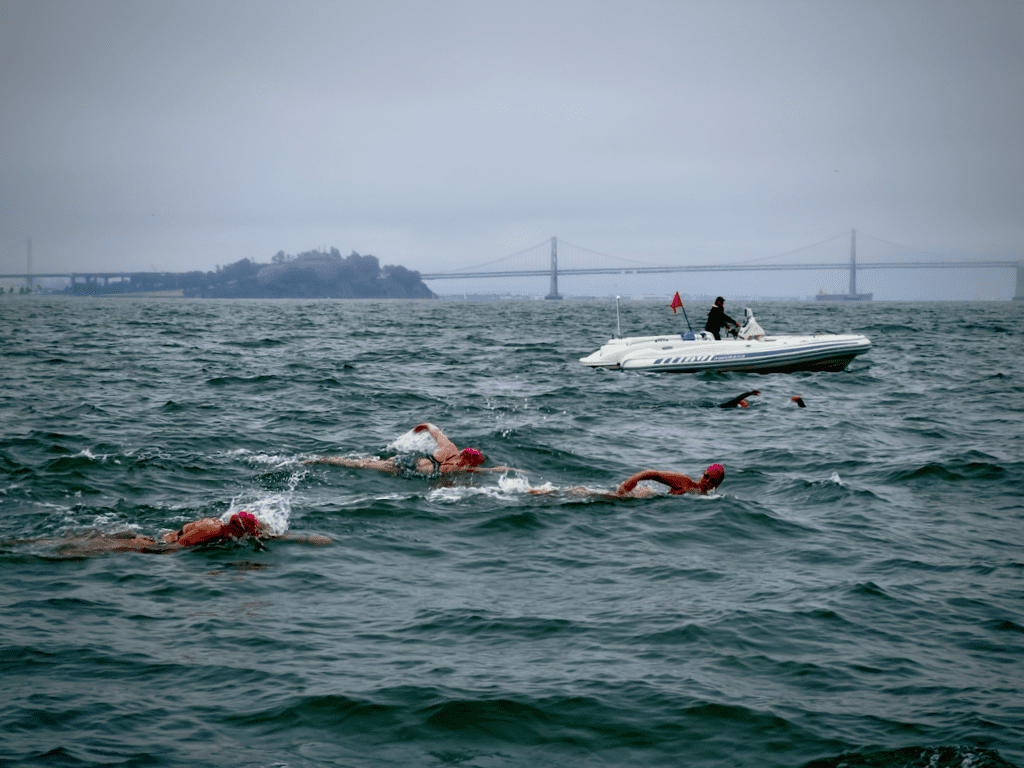 Group of swimmers escorted by a Novurania LX700 RIB in San Francisco Bay, with the Bay Bridge and Treasure Island visible in the background.