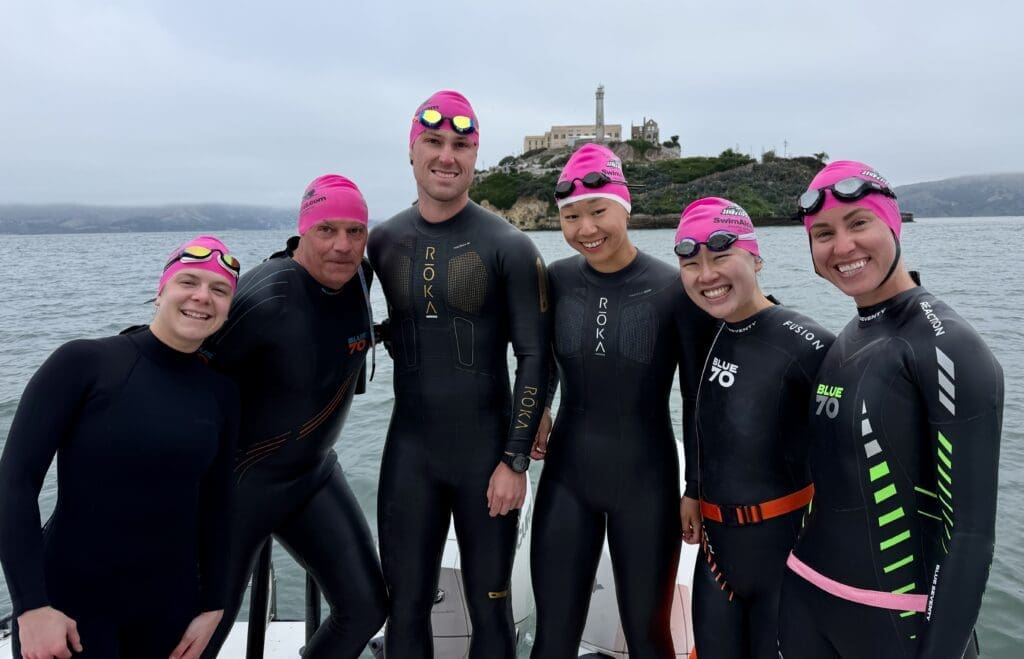 Triathlete swimmers at Alcatraz ready to swim.